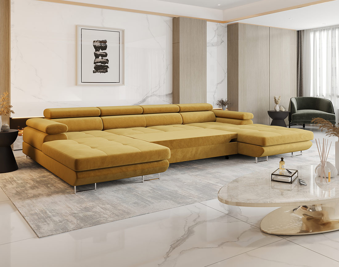 Canapé panoramique en U 7 places convertible avec coffre et têtières réglables en tissu Ayden