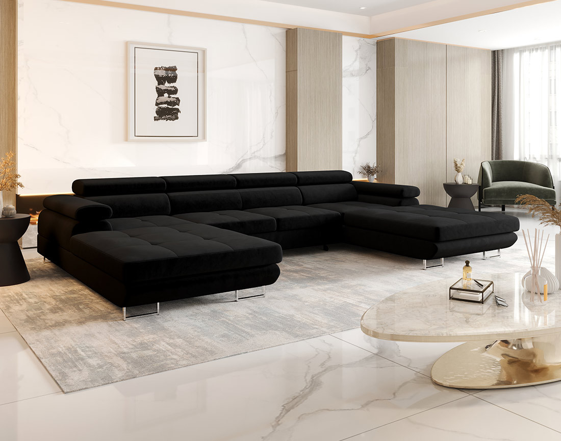 Canapé panoramique en U 7 places convertible avec coffre et têtières réglables en tissu Ayden Canapé panoramique en U 7 places convertible avec coffre et têtières réglables en tissu Ayden