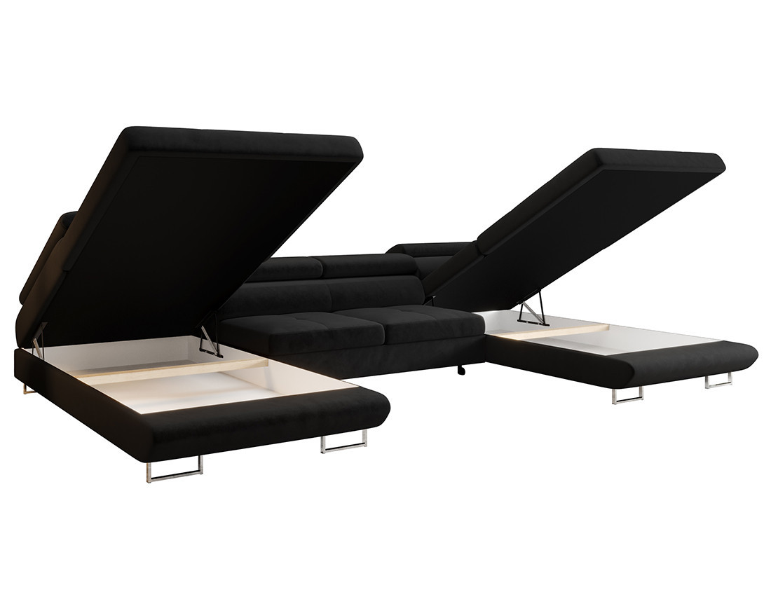 Canapé panoramique en U 7 places convertible avec coffre et têtières réglables en tissu Ayden Canapé panoramique en U 7 places convertible avec coffre et têtières réglables en tissu Ayden