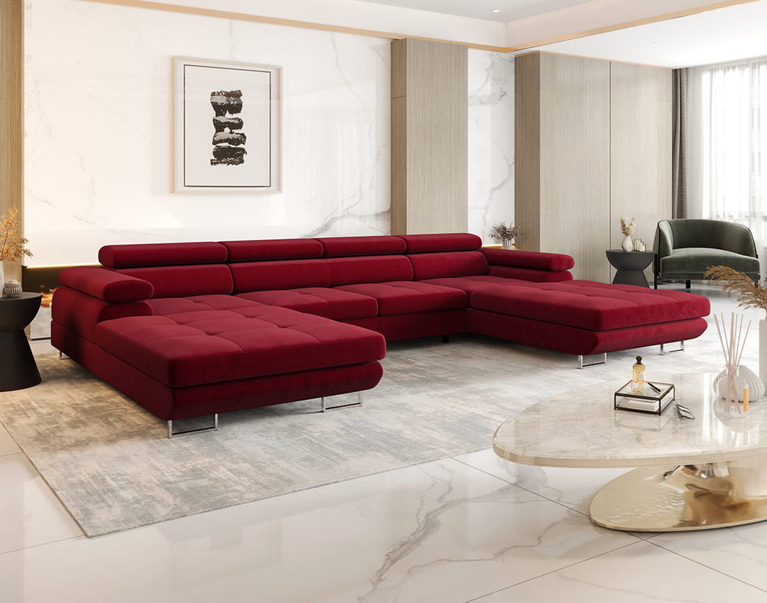 Canapé panoramique en U 7 places convertible avec coffre et têtières réglables en tissu Ayden