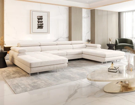 Canapé panoramique en U 7 places convertible avec coffre et têtières réglables en tissu Ayden