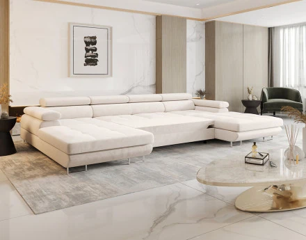 Canapé panoramique en U 7 places convertible avec coffre et têtières réglables en tissu Ayden