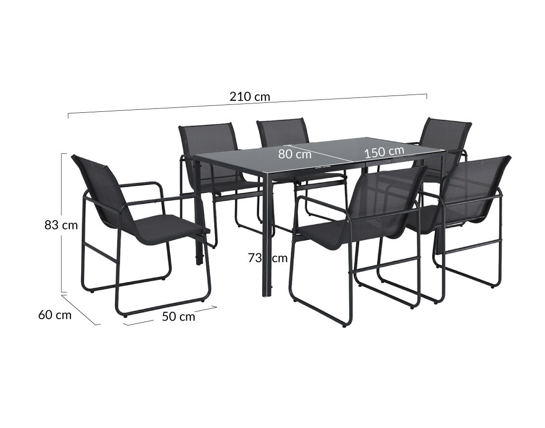 Ensemble table et chaises jardin 6 personnes noir et gris Murillo