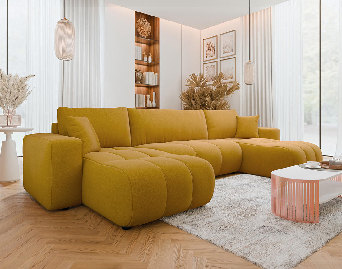 Canapé panoramique en U 7 places convertible avec coffre en tissu Nicole