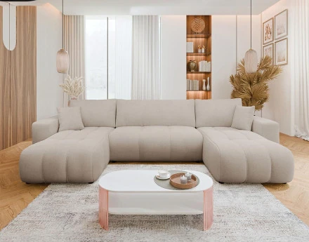 Canapé panoramique en U 7 places convertible avec coffre en tissu Nicole