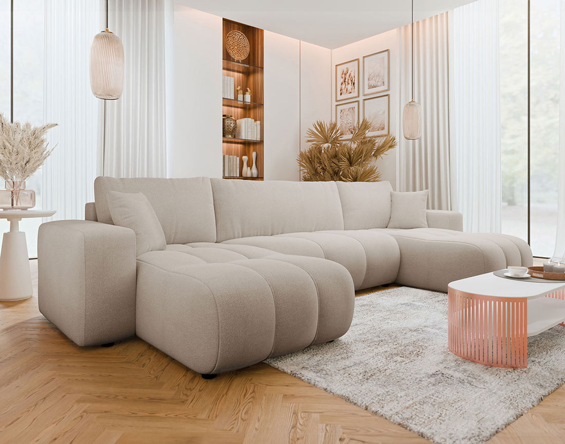 Canapé panoramique en U 7 places convertible avec coffre en tissu Nicole
