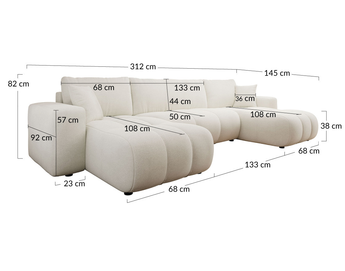 Canapé panoramique en U 7 places convertible avec coffre en tissu Nicole