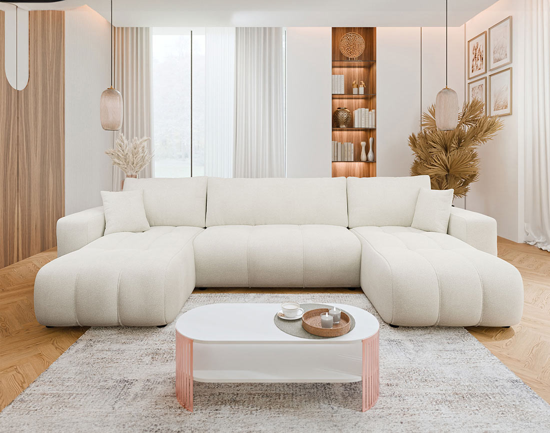 Canapé panoramique en U 7 places convertible avec coffre en tissu Nicole