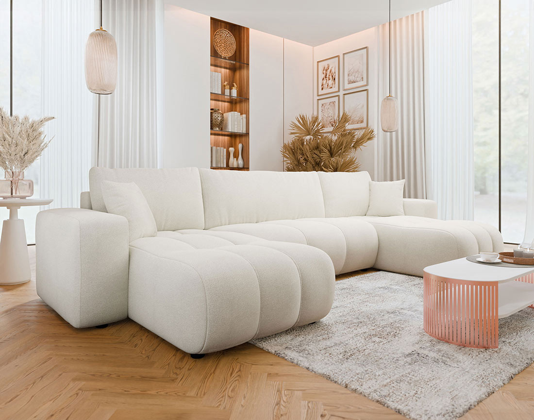 Canapé panoramique en U 7 places convertible avec coffre en tissu Nicole