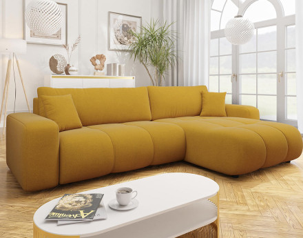 Canapé d'angle réversible 5 places convertible avec coffre en tissu Nicole