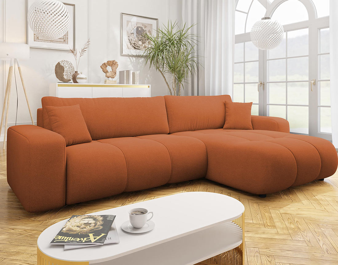 Canapé d'angle réversible 5 places convertible avec coffre en tissu Nicole