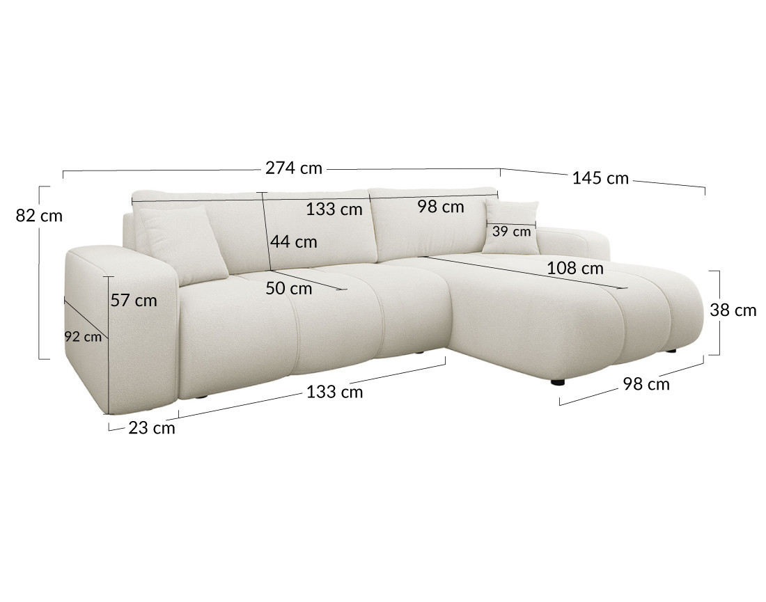 Canapé d'angle réversible 5 places convertible avec coffre en tissu Nicole