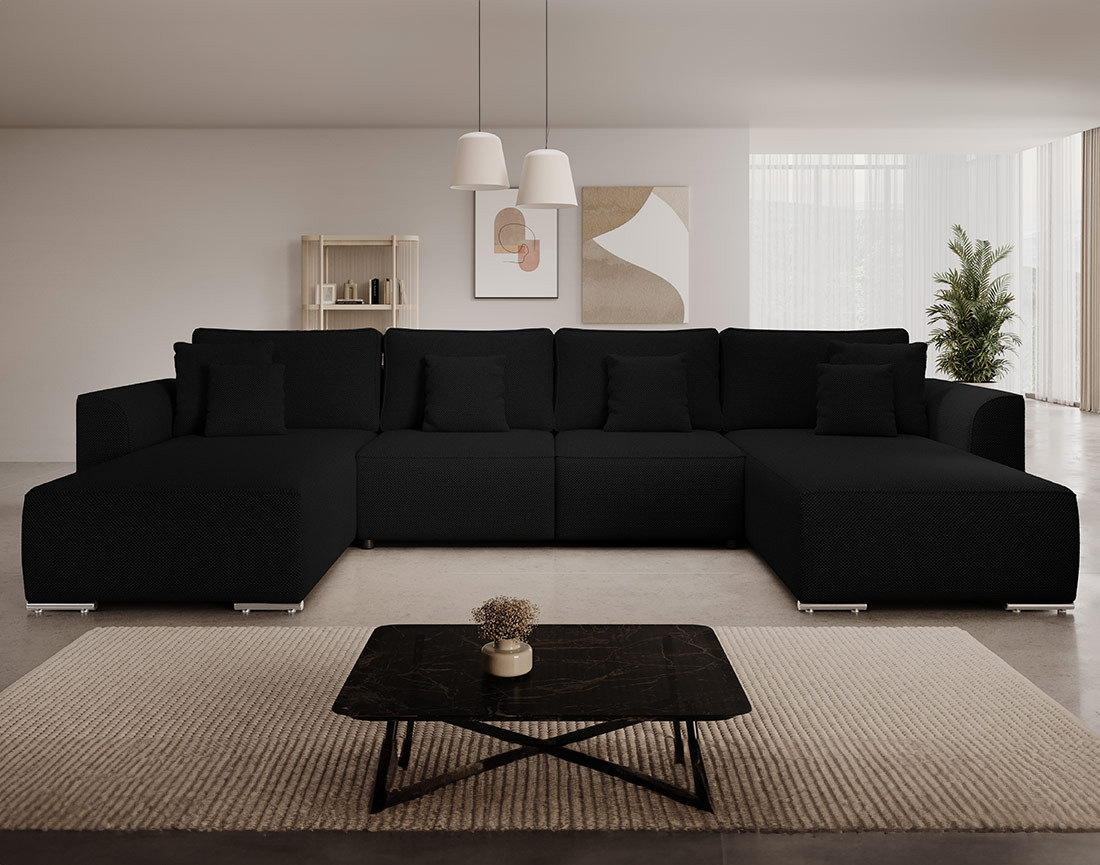 Canapé panoramique en U 7 places convertible avec coffre en tissu texturé Gabriel Canapé panoramique en U 7 places convertible avec coffre en tissu texturé Gabriel