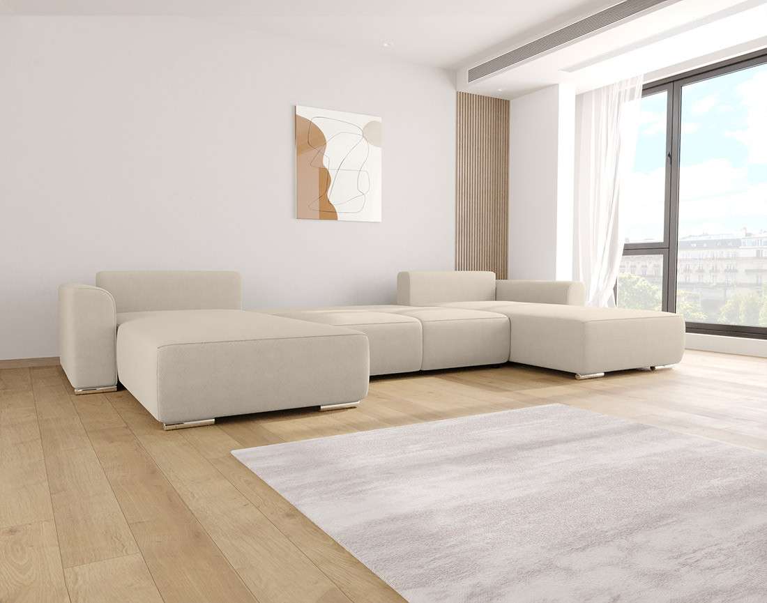 Canapé panoramique en U 7 places convertible avec coffre en tissu texturé Gabriel