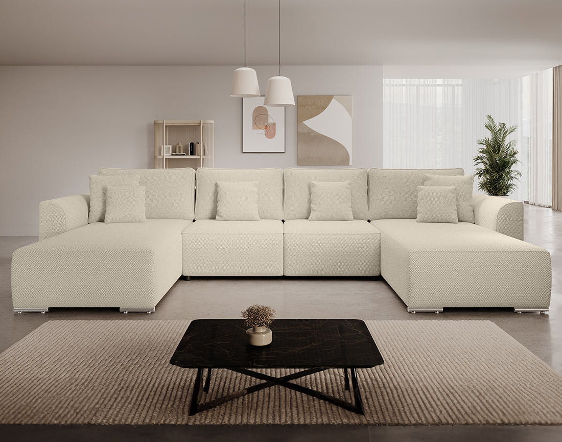 Canapé panoramique en U 7 places convertible avec coffre en tissu texturé Gabriel
