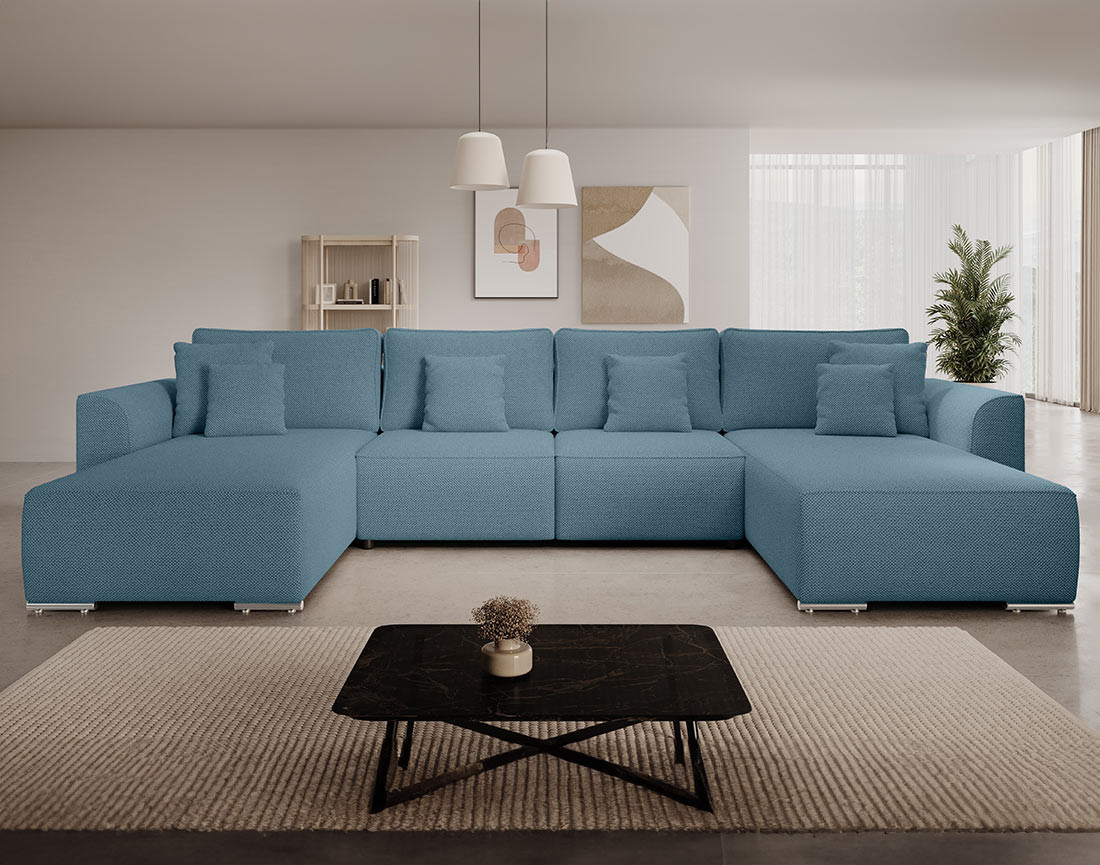 Canapé panoramique en U 7 places convertible avec coffre en tissu texturé Gabriel