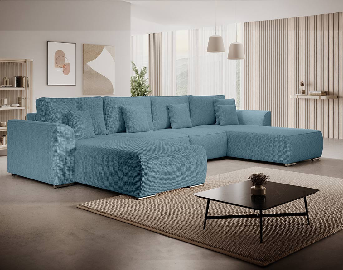 Canapé panoramique en U 7 places convertible avec coffre en tissu texturé Gabriel
