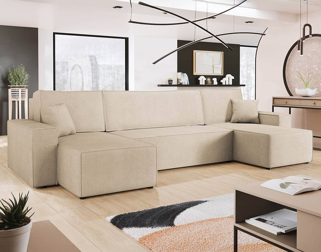 Canapé panoramique en U 7 places convertible avec coffre en tissu texturé Cezanne