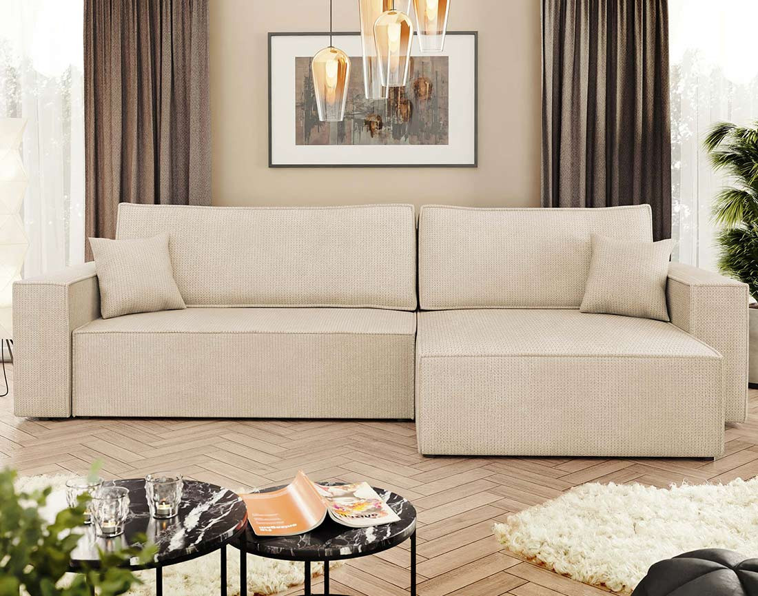 Canapé d'angle réversible 5 places convertible avec coffre en tissu texturé Cezanne Canapé d'angle réversible 5 places convertible avec coffre en tissu texturé Cezanne