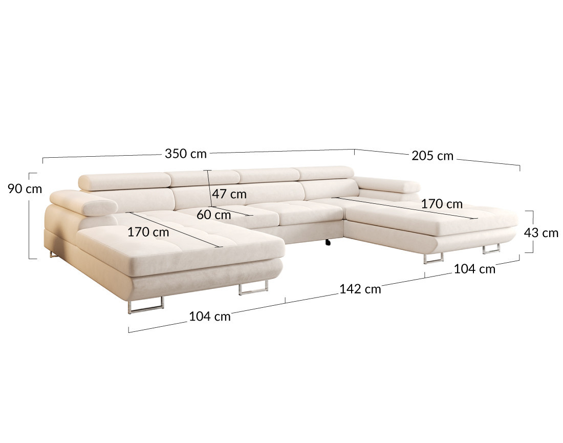 Canapé panoramique en U 7 places convertible avec coffre et têtières réglables en tissu Ayden