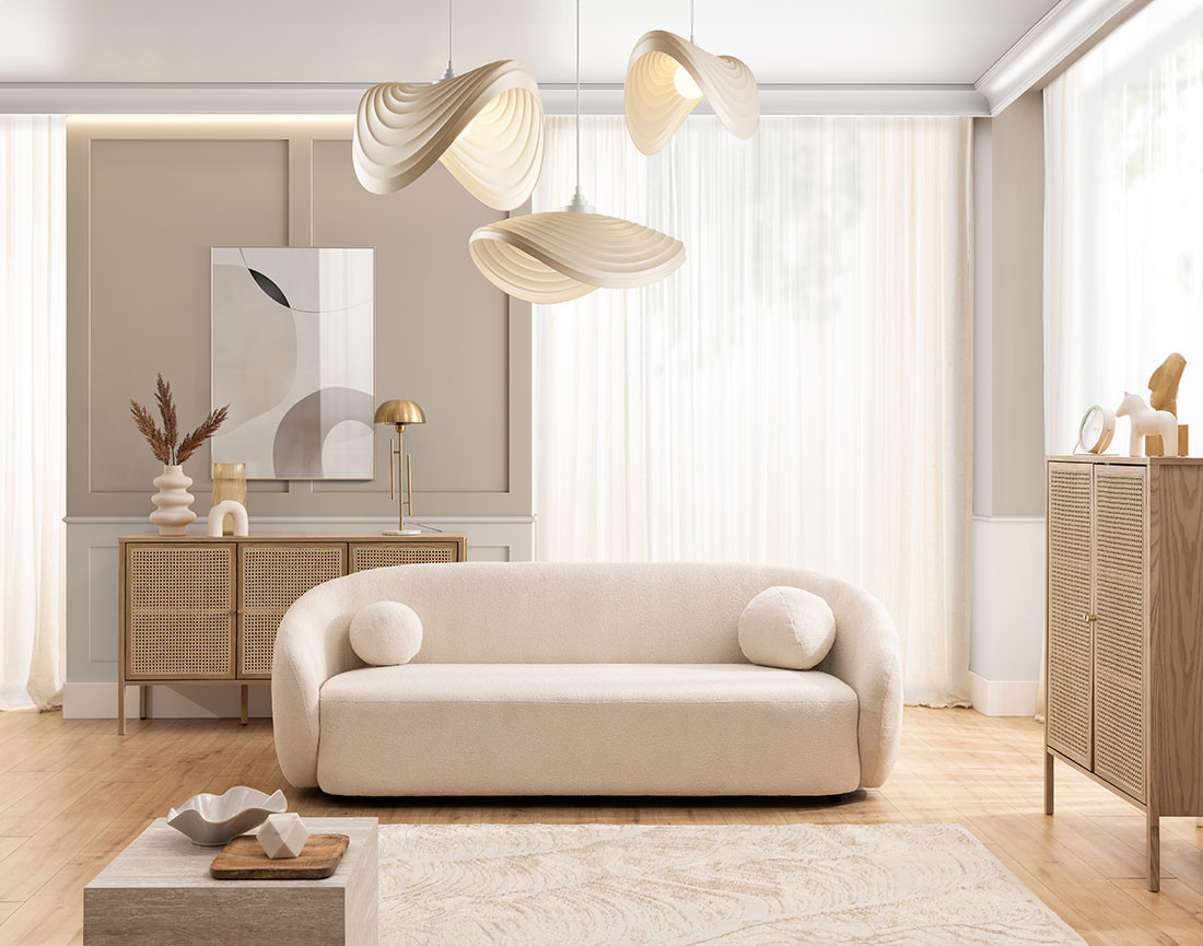 Canapé droit 3 places en tissu bouclette Flore