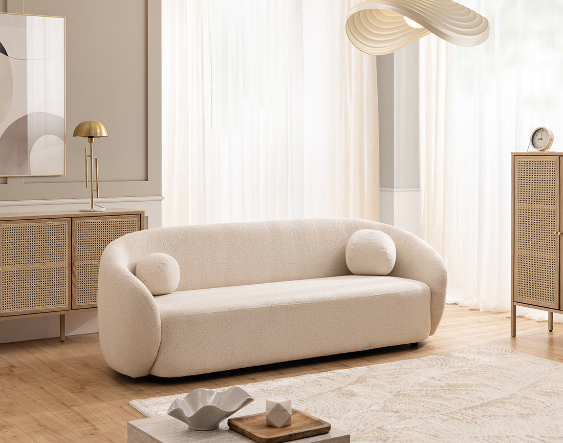 Canapé droit 3 places en tissu bouclette Flore