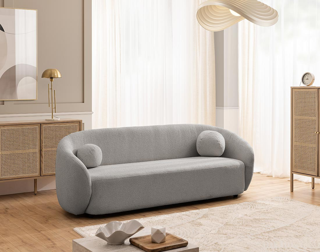 Canapé droit 3 places en tissu bouclette Flore Canapé droit 3 places en tissu bouclette Flore