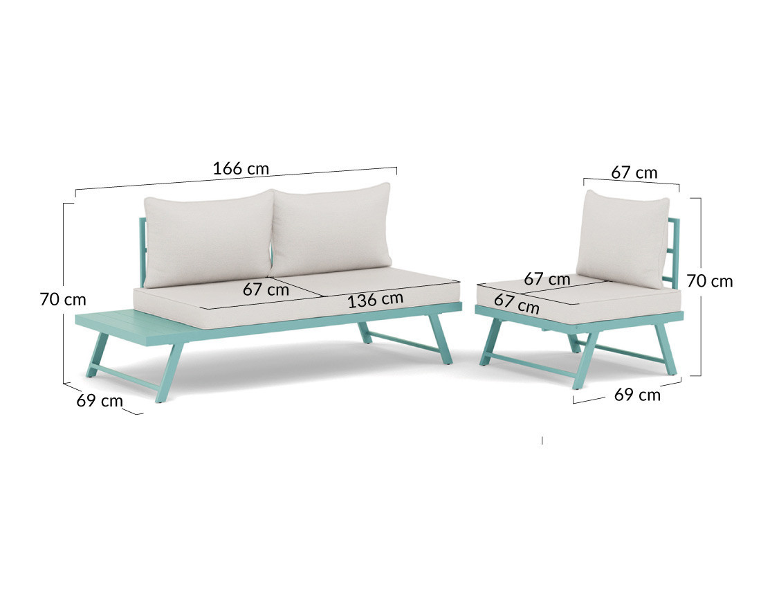 Salon de jardin 3 places modulable vert avec coussins beiges Isadora