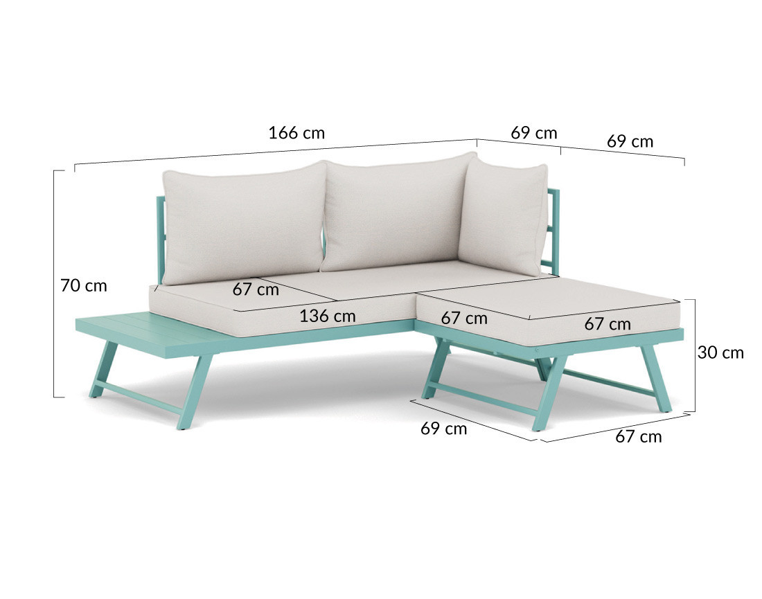 Salon de jardin 3 places modulable vert avec coussins beiges Isadora