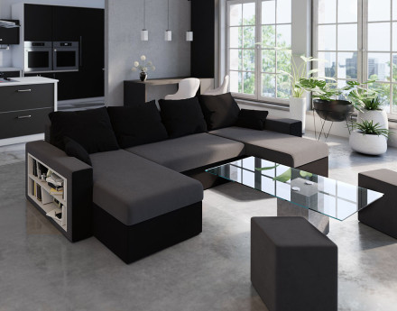 Canapé panoramique en U 7 places convertible avec coffre et tablette en tissu Jonah