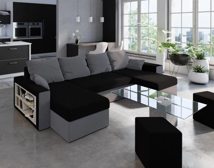 Canapé panoramique en U 7 places convertible avec coffre et tablette en tissu Jonah