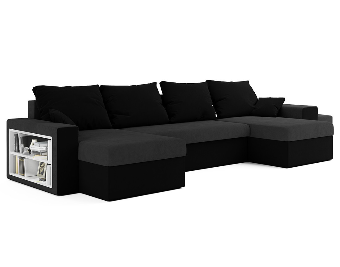 Canapé panoramique en U 7 places convertible avec coffre et tablette en tissu Jonah Canapé panoramique en U 7 places convertible avec coffre et tablette en tissu Jonah