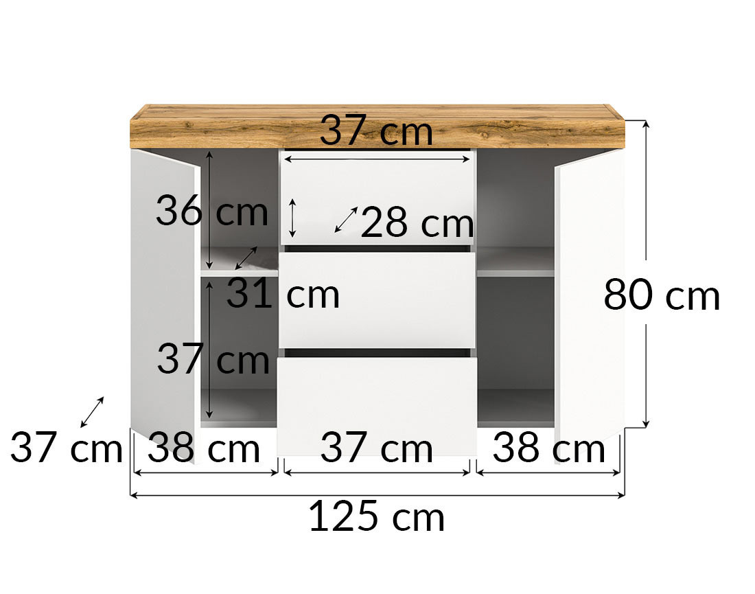 Buffet bas 2 portes et 3 tiroirs blanc et bois 125 cm Olivier