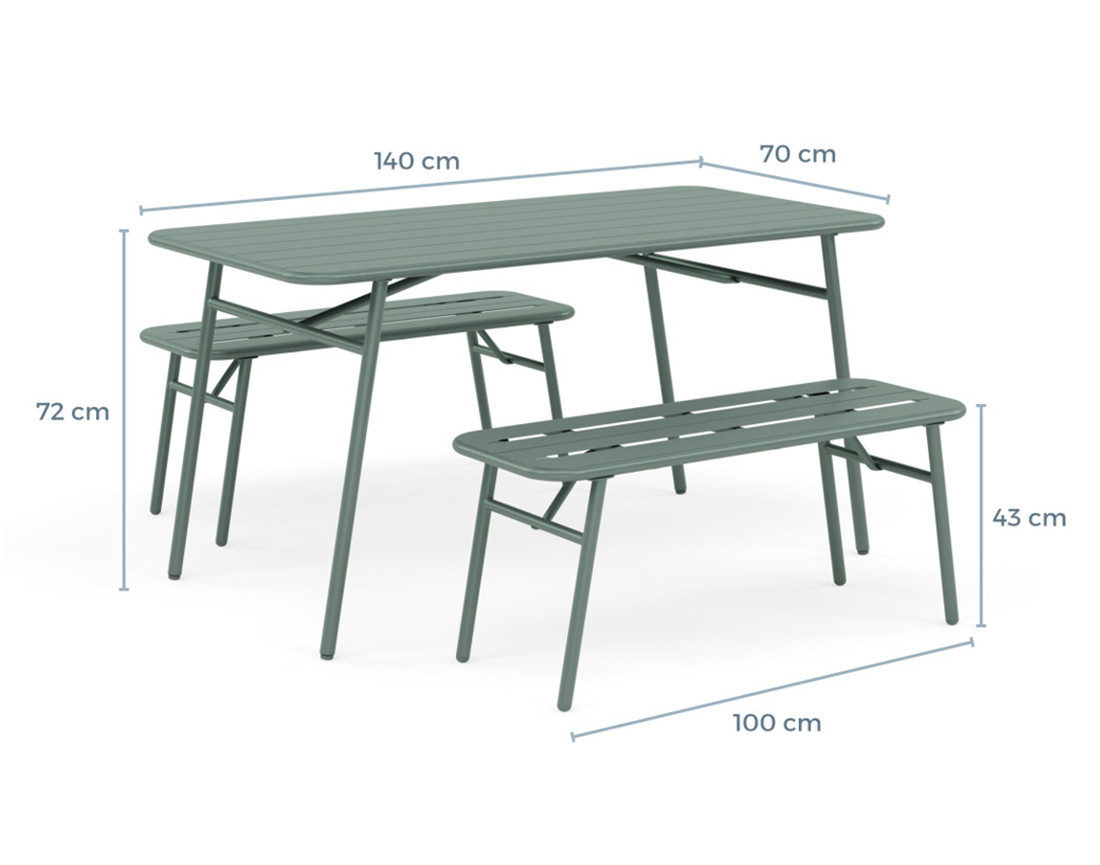 Ensemble table et bancs de jardin 4 personnes vert Ribola