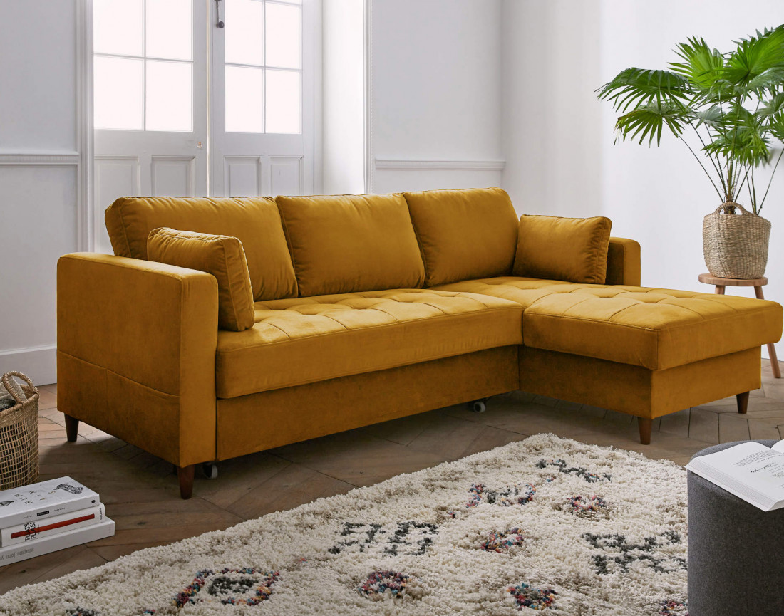 Canapé d'angle droit 4 places convertible avec coffre en velours Anna