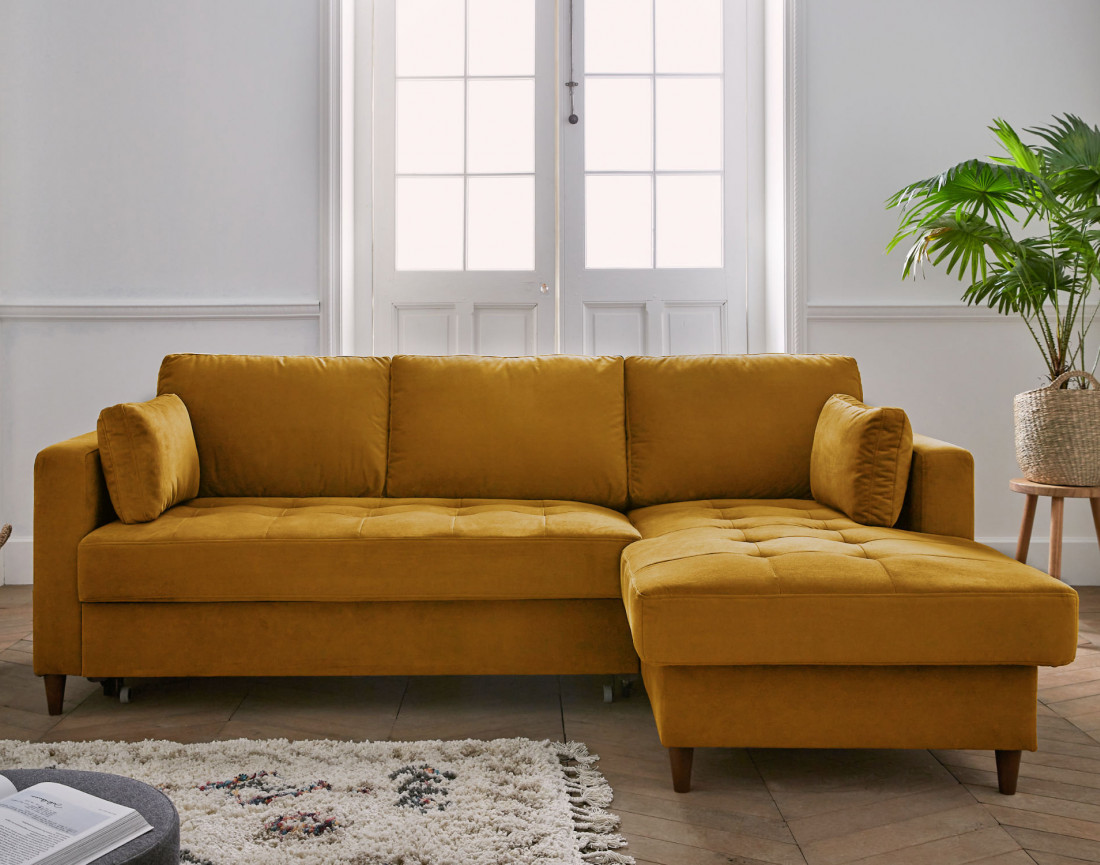 Canapé d'angle droit 4 places convertible avec coffre en velours Anna