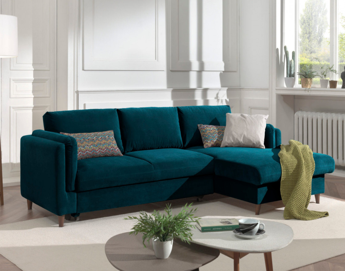 Canapé d'angle droit convertible avec coffre 4 places en velours Brooke