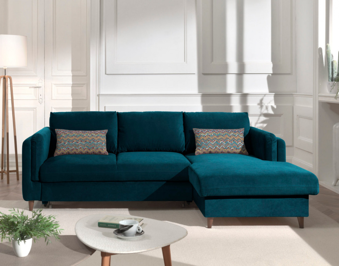 Canapé d'angle droit convertible avec coffre 4 places en velours Brooke