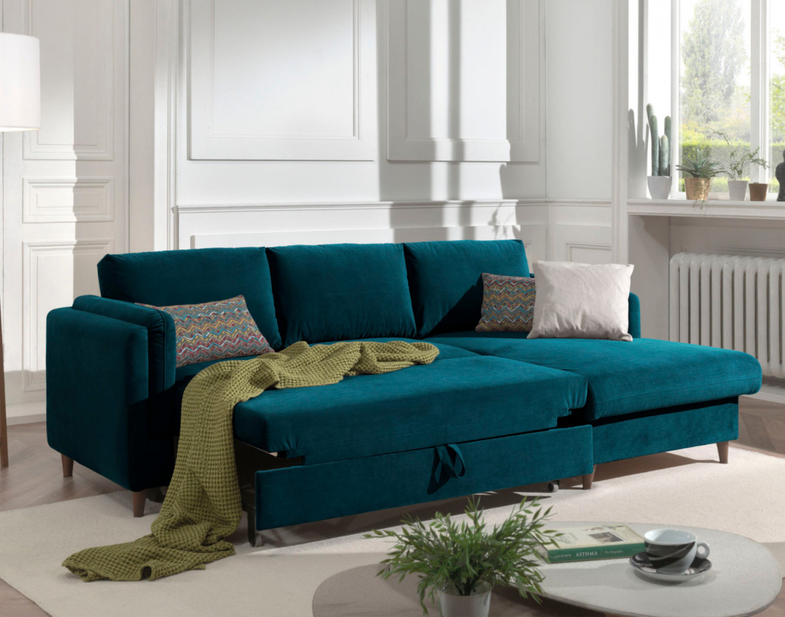 Canapé d'angle droit convertible avec coffre 4 places en velours Brooke