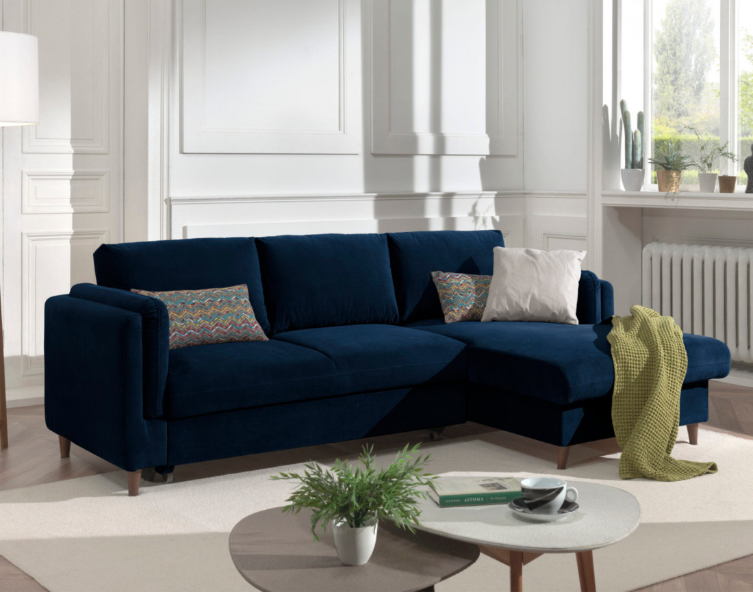 Canapé d'angle droit convertible avec coffre 4 places en velours Brooke