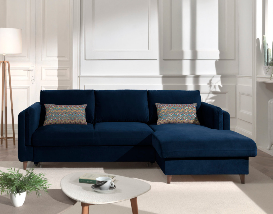 Canapé d'angle droit convertible avec coffre 4 places en velours Brooke