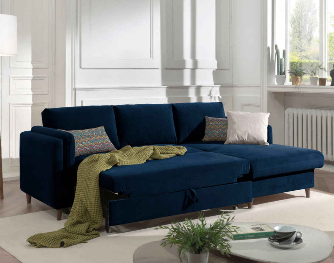 Canapé d'angle droit convertible avec coffre 4 places en velours Brooke