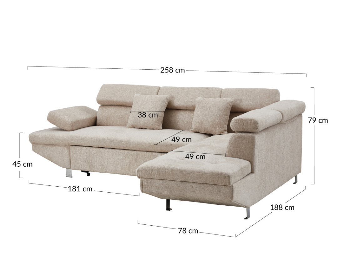 Canapé d'angle droit 5 places convertible avec coffre et têtières réglables en velours texturé Margaux