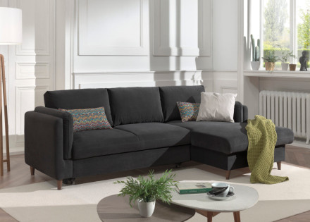 Canapé d'angle droit convertible avec coffre 4 places en velours Brooke