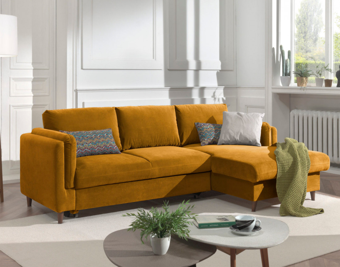 Canapé d'angle droit convertible avec coffre 4 places en velours Brooke