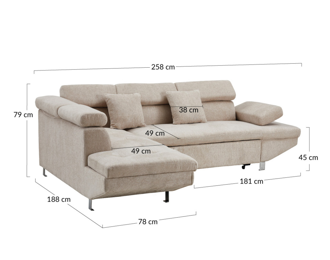 Canapé d'angle gauche 5 places convertible avec coffre et têtières réglables en velours texturé Margaux