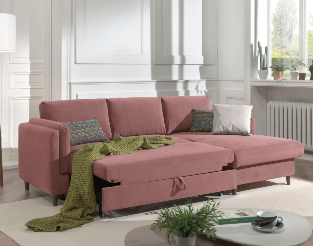 Canapé d'angle droit convertible avec coffre 4 places en velours Brooke