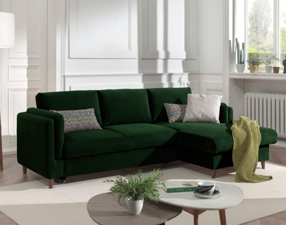 Canapé d'angle droit convertible avec coffre 4 places en velours Brooke