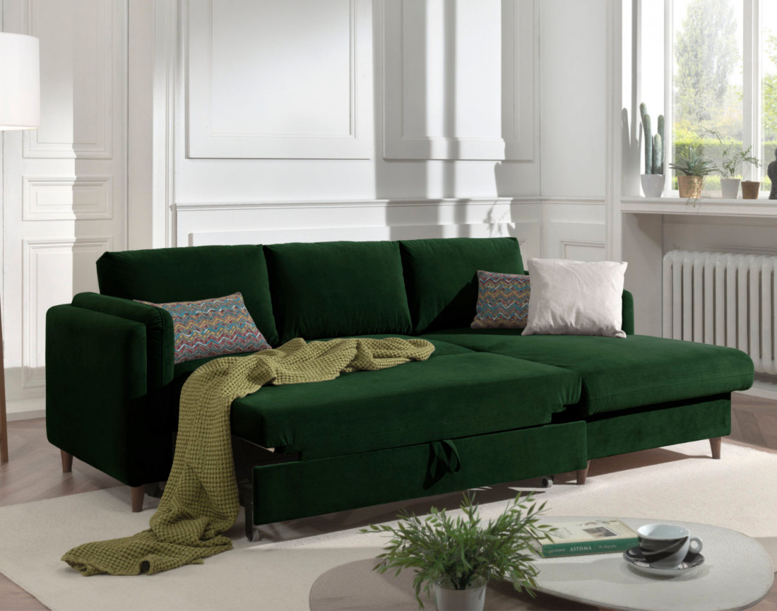 Canapé d'angle droit convertible avec coffre 4 places en velours Brooke