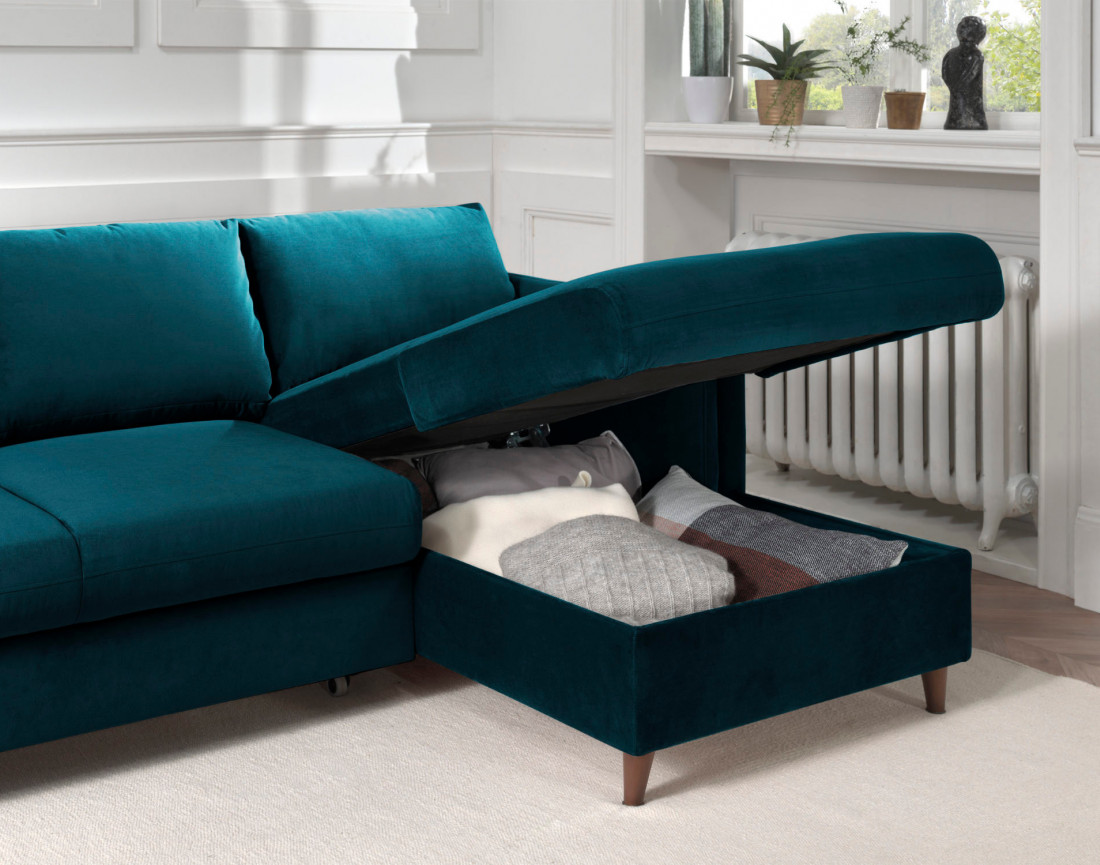 Canapé d'angle droit convertible avec coffre 4 places en velours Brooke